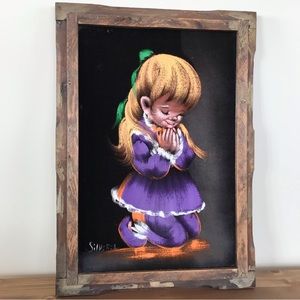 Silveria Velvet Painting Girl Child Praying Hand Painted 15x20 Wood Frame Damage